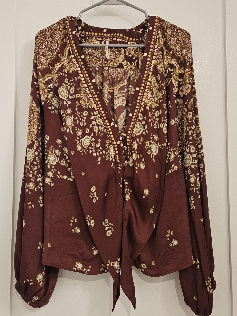 Free People Burgundy and Cream Floral Tie-Front Blouse